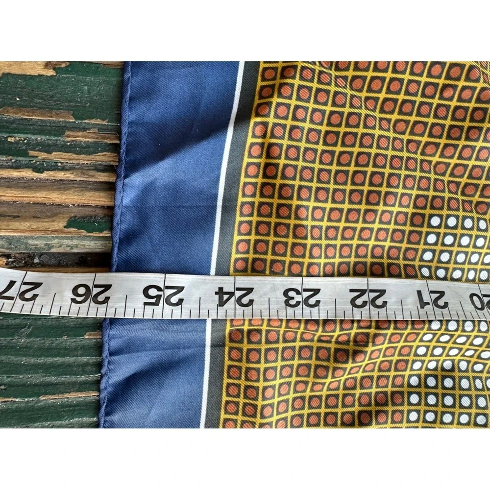 Vintage Silken‎ Polyester Geometric Square Scarf Navy Blue Gold Made in Japan